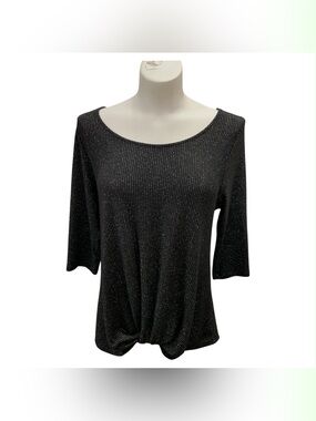 W5 Black Metallic Knit Knot Front Long Sleeve Top Size L